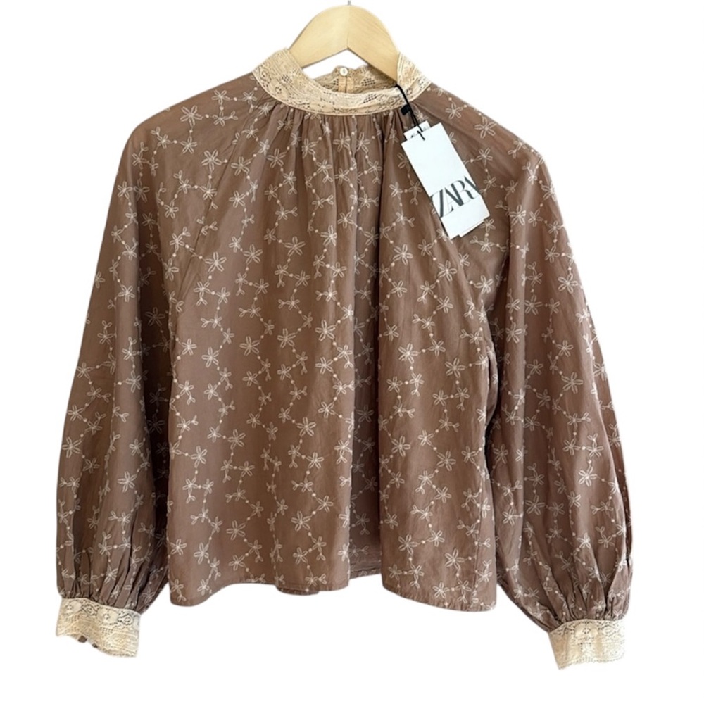 Zara Lt Brown With‎ Creme Embroidered Flowers Top Size XSmall